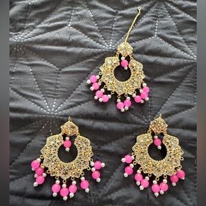 Gold and Pink Chandelier Earrings Indian Pakistani jewelry set